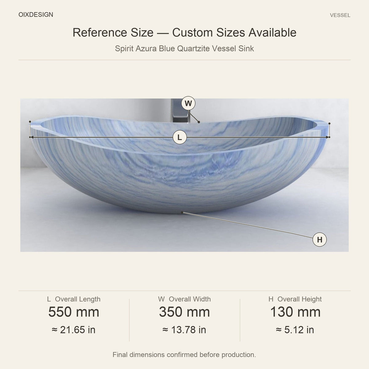 Spirit Azura Blue Quartzite Vessel Sink reference overall dimensions in millimeters and inches