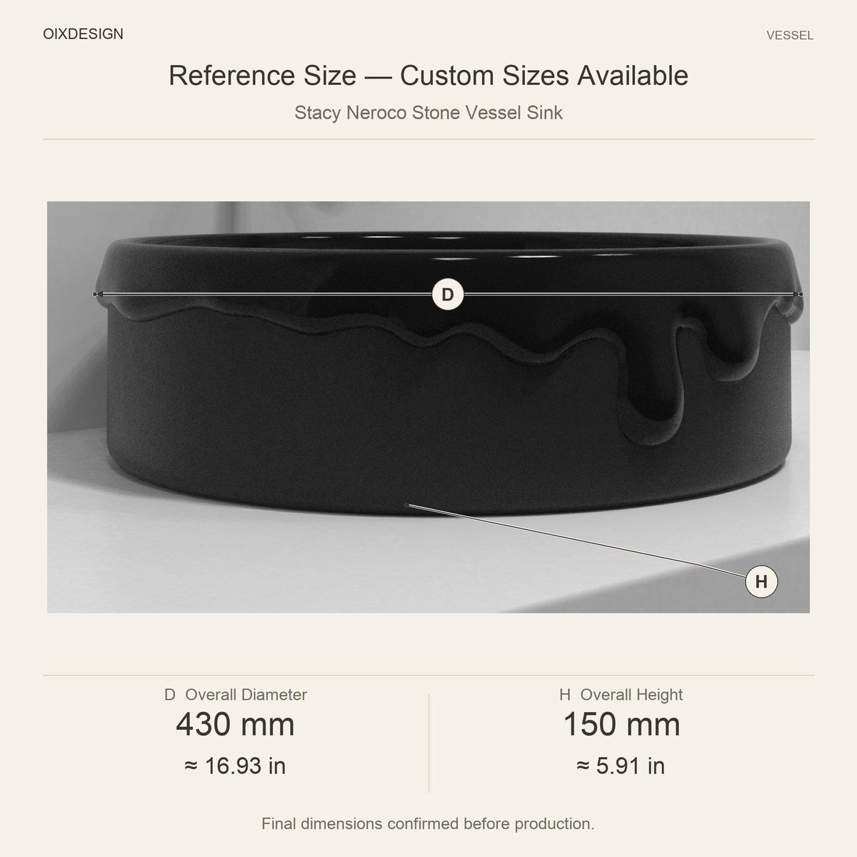 Stacy Neroco Stone Vessel Sink reference overall dimensions in millimeters and inches