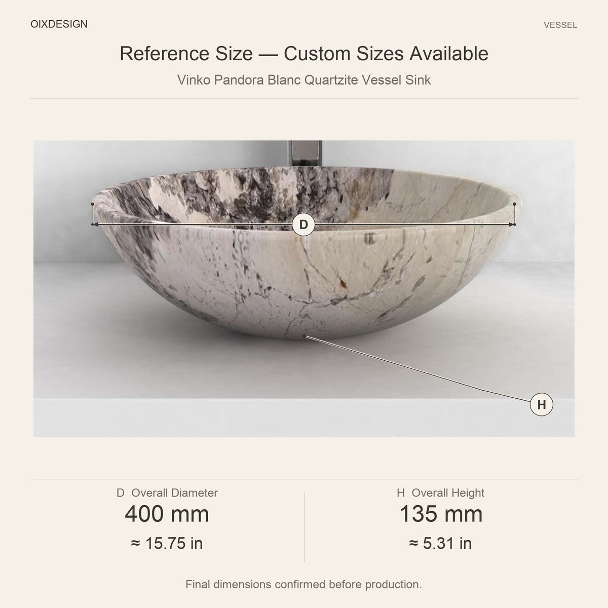 Vinko Pandora Blanc Quartzite Vessel Sink reference overall dimensions in millimeters and inches