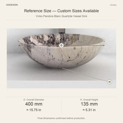 Vinko Pandora Blanc Quartzite Vessel Sink reference overall dimensions in millimeters and inches
