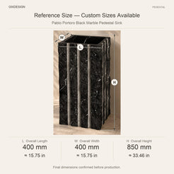 Pablo Portoro Black Marble Pedestal Sink reference overall dimensions in millimeters and inches
