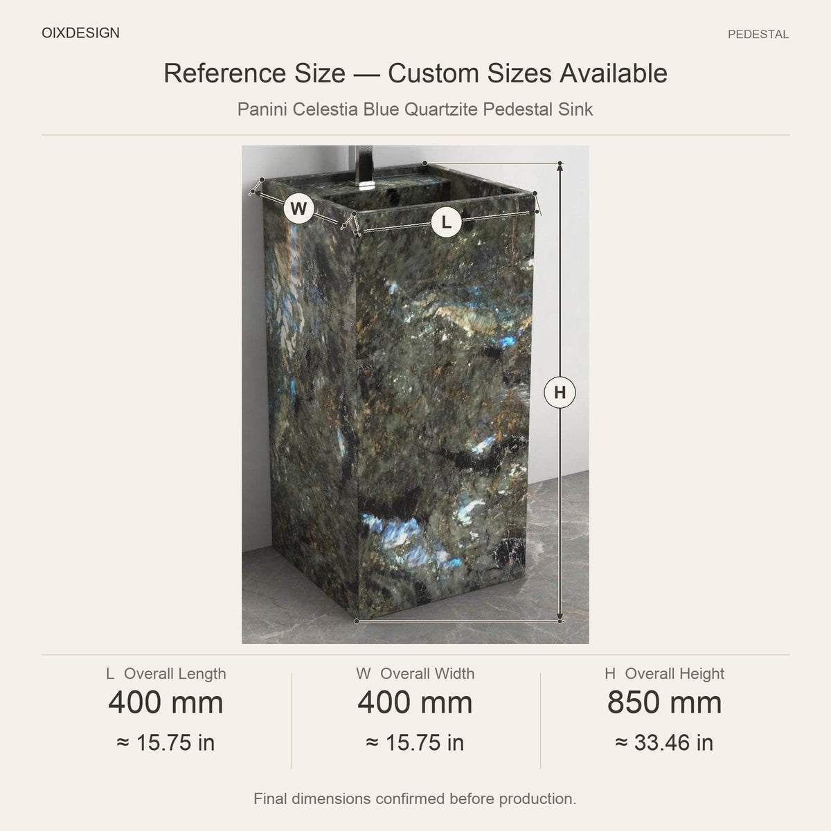 Panini Celestia Blue Quartzite Pedestal Sink reference overall dimensions in millimeters and inches