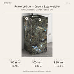 Panini Celestia Blue Quartzite Pedestal Sink reference overall dimensions in millimeters and inches