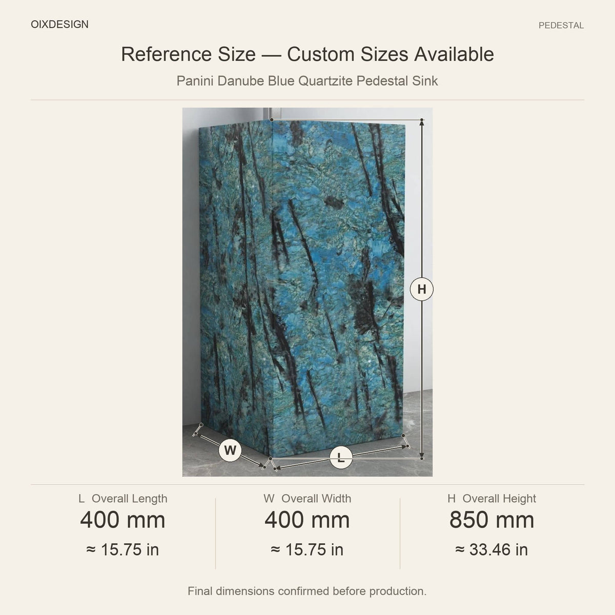 Panini Danube Blue Quartzite Pedestal Sink reference overall dimensions in millimeters and inches