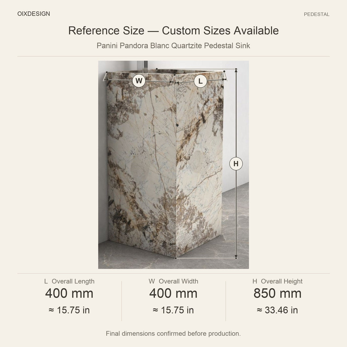 Panini Pandora Blanc Quartzite Pedestal Sink reference overall dimensions in millimeters and inches