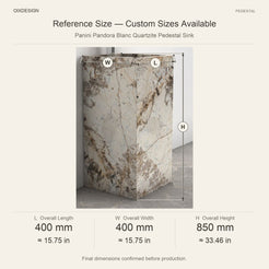 Panini Pandora Blanc Quartzite Pedestal Sink reference overall dimensions in millimeters and inches