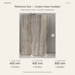 Patava Roman Silver Travertine Pedestal Sink reference overall dimensions in millimeters and inches