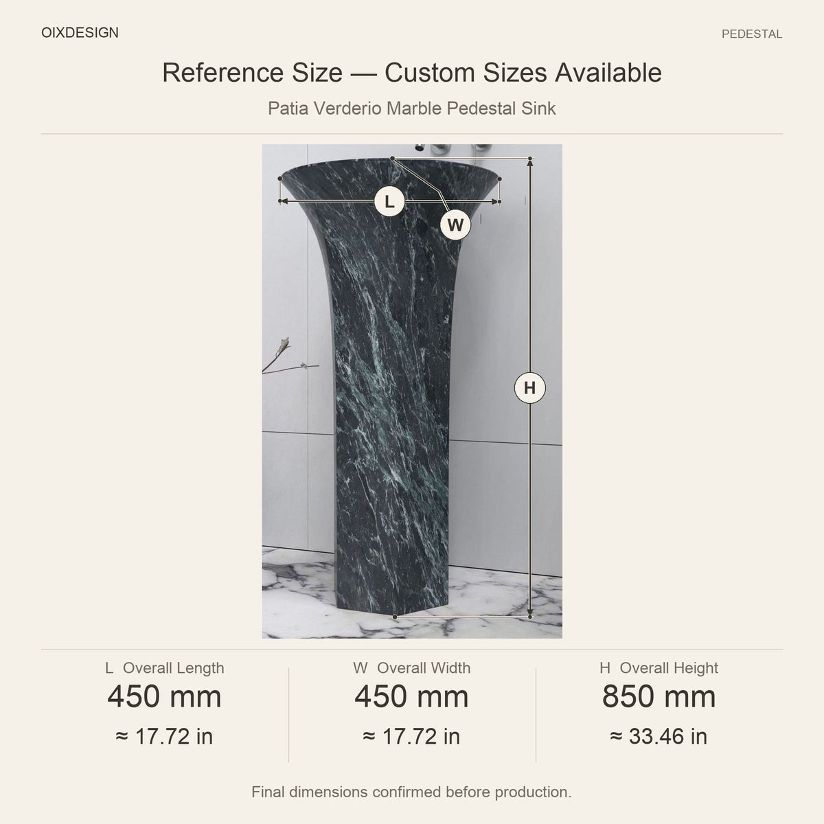 Patia Verderio Marble Pedestal Sink reference overall dimensions in millimeters and inches