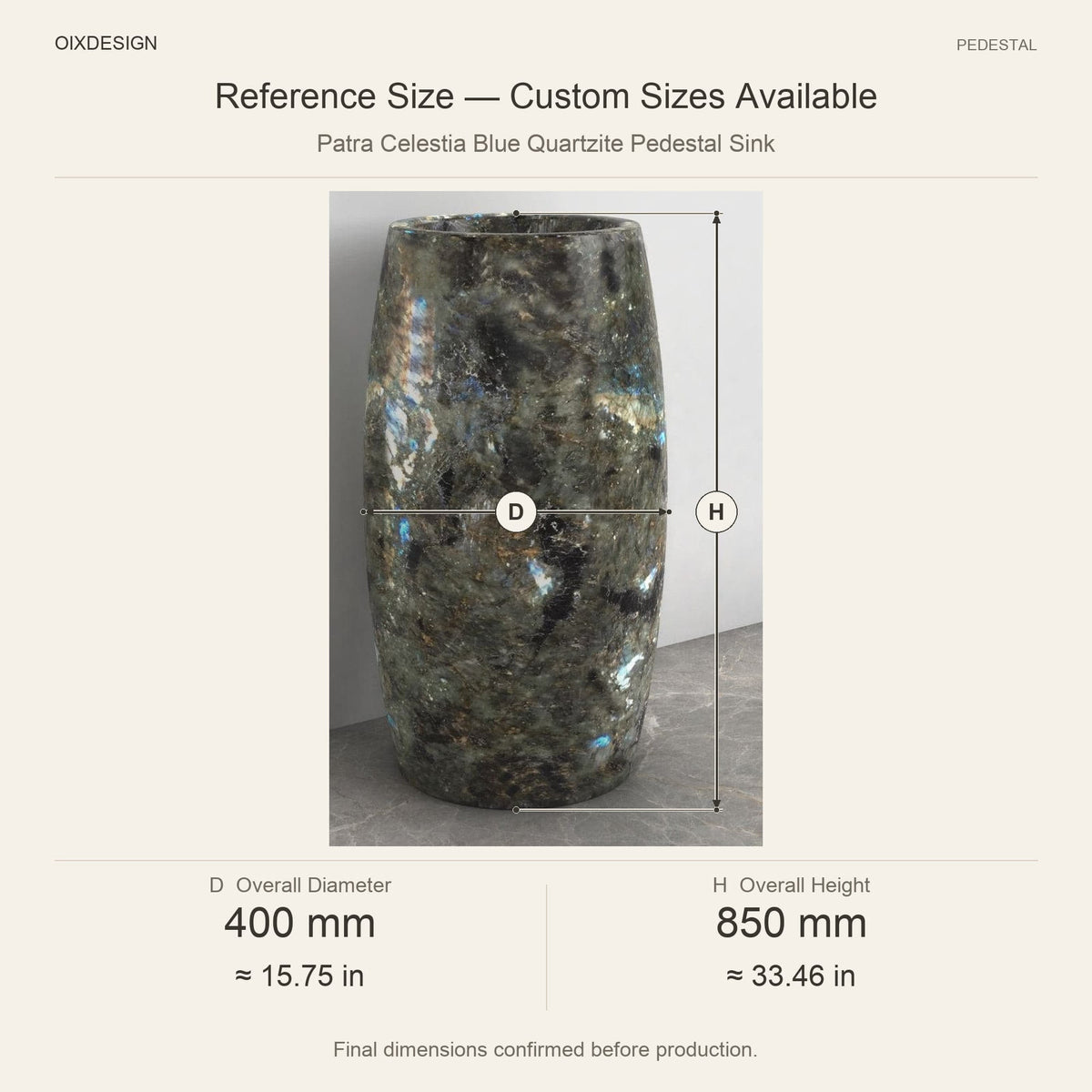 Patra Celestia Blue Quartzite Pedestal Sink reference overall dimensions in millimeters and inches