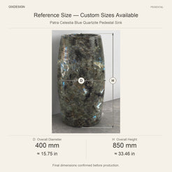 Patra Celestia Blue Quartzite Pedestal Sink reference overall dimensions in millimeters and inches