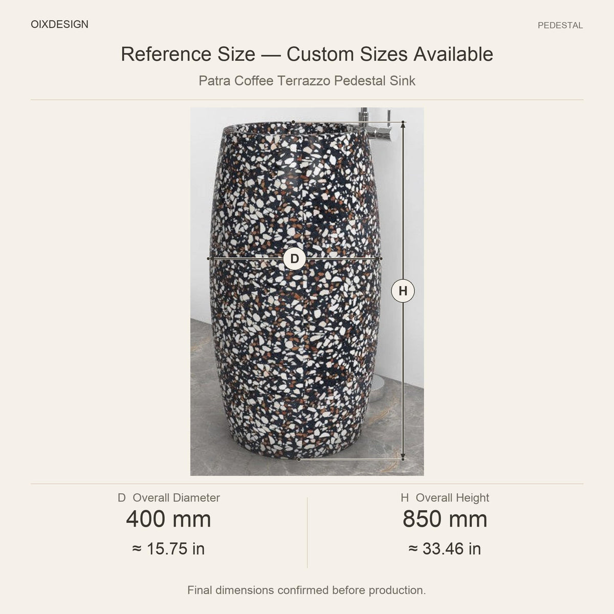 Patra Coffee Terrazzo Pedestal Sink reference overall dimensions in millimeters and inches