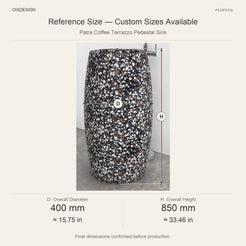 Patra Coffee Terrazzo Pedestal Sink reference overall dimensions in millimeters and inches