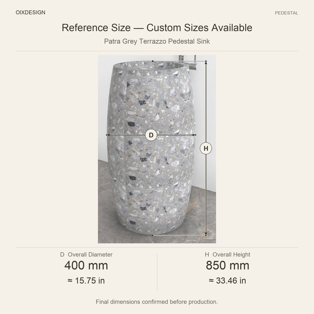 Patra Grey Terrazzo Pedestal Sink reference overall dimensions in millimeters and inches