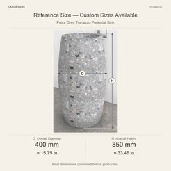 Patra Grey Terrazzo Pedestal Sink reference overall dimensions in millimeters and inches