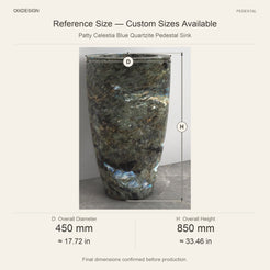 Patty Celestia Blue Quartzite Pedestal Sink reference overall dimensions in millimeters and inches