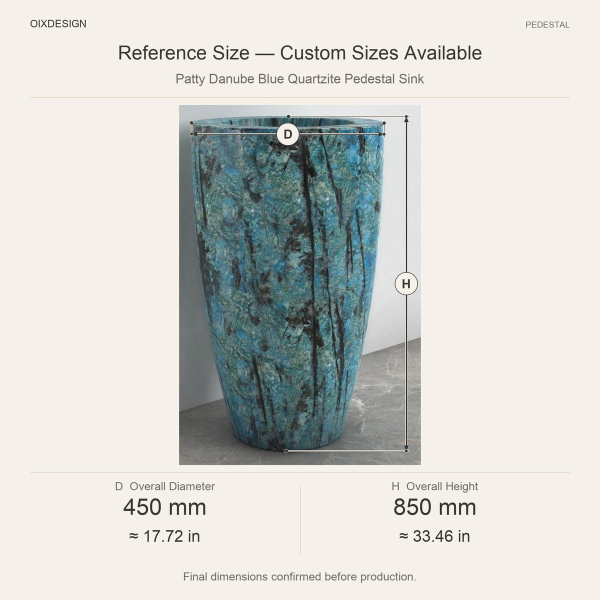 Patty Danube Blue Quartzite Pedestal Sink reference overall dimensions in millimeters and inches