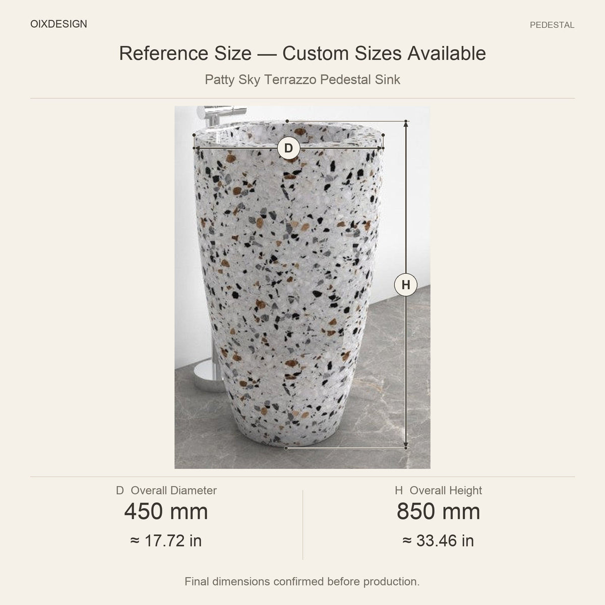 Patty Sky Terrazzo Pedestal Sink reference overall dimensions in millimeters and inches
