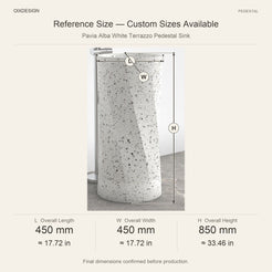 Pavia Alba White Terrazzo Pedestal Sink reference overall dimensions in millimeters and inches
