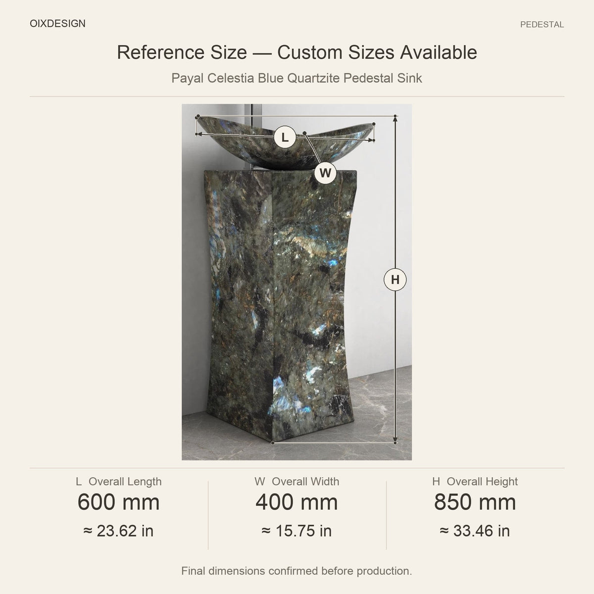 Payal Celestia Blue Quartzite Pedestal Sink reference overall dimensions in millimeters and inches