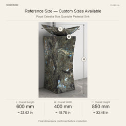 Payal Celestia Blue Quartzite Pedestal Sink reference overall dimensions in millimeters and inches
