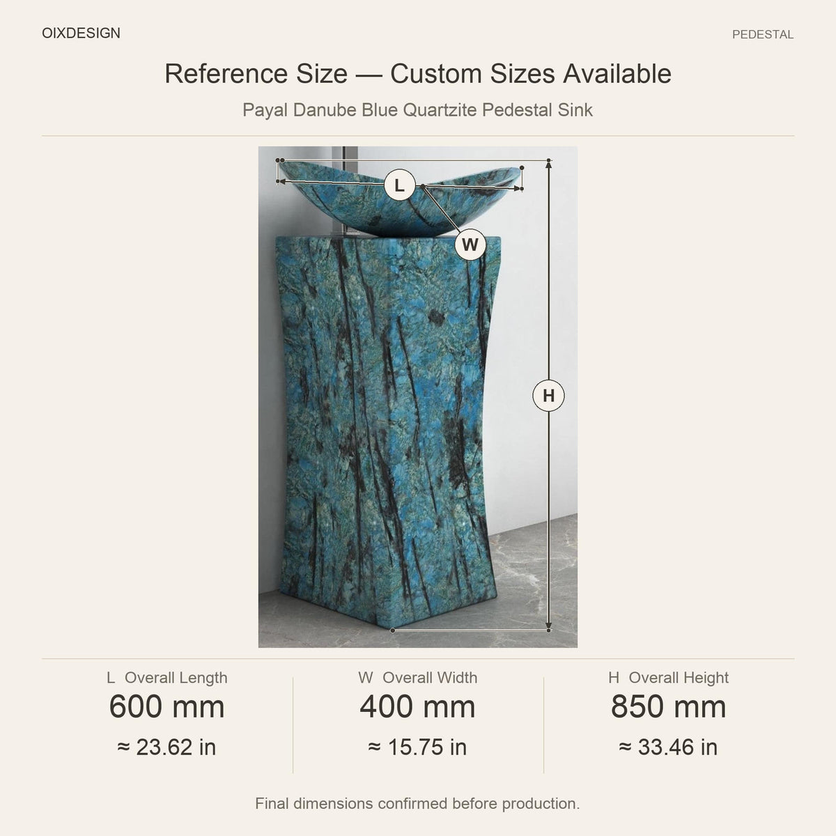 Payal Danube Blue Quartzite Pedestal Sink reference overall dimensions in millimeters and inches