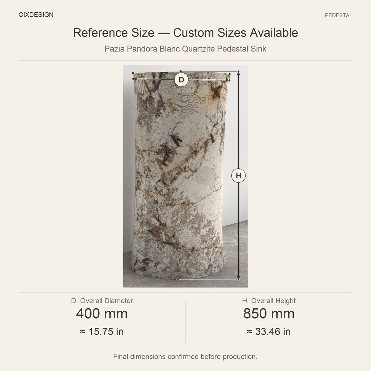 Pazia Pandora Blanc Quartzite Pedestal Sink reference overall dimensions in millimeters and inches