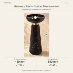 Polika Portoro Black Marble Pedestal Sink reference overall dimensions in millimeters and inches
