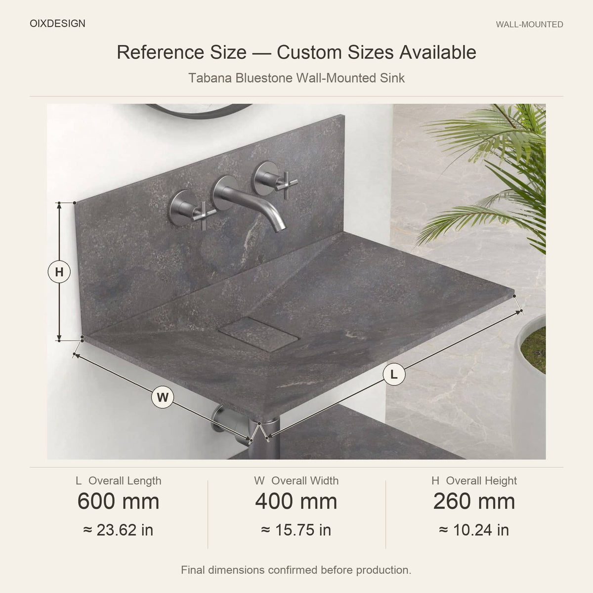 Tabana Bluestone Wall-Mounted Sink reference overall dimensions in millimeters and inches