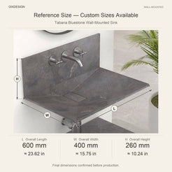 Tabana Bluestone Wall-Mounted Sink reference overall dimensions in millimeters and inches