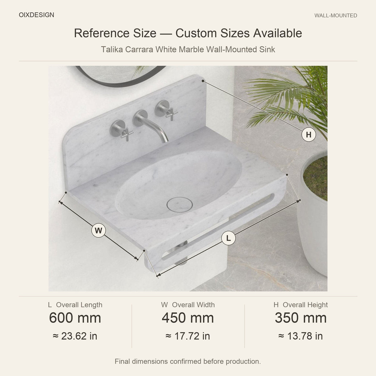 Talika Carrara White Marble Wall-Mounted Sink reference overall dimensions in millimeters and inches