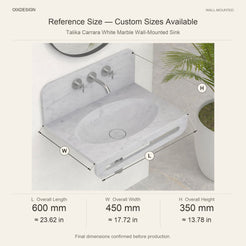 Talika Carrara White Marble Wall-Mounted Sink reference overall dimensions in millimeters and inches