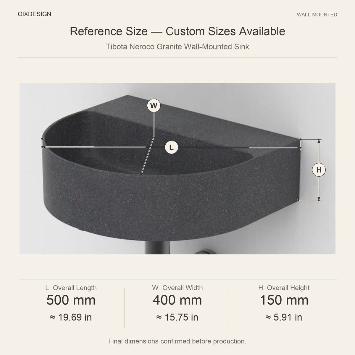 Tibota Neroco Granite Wall-Mounted Sink reference overall dimensions in millimeters and inches