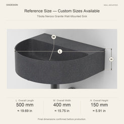 Tibota Neroco Granite Wall-Mounted Sink reference overall dimensions in millimeters and inches