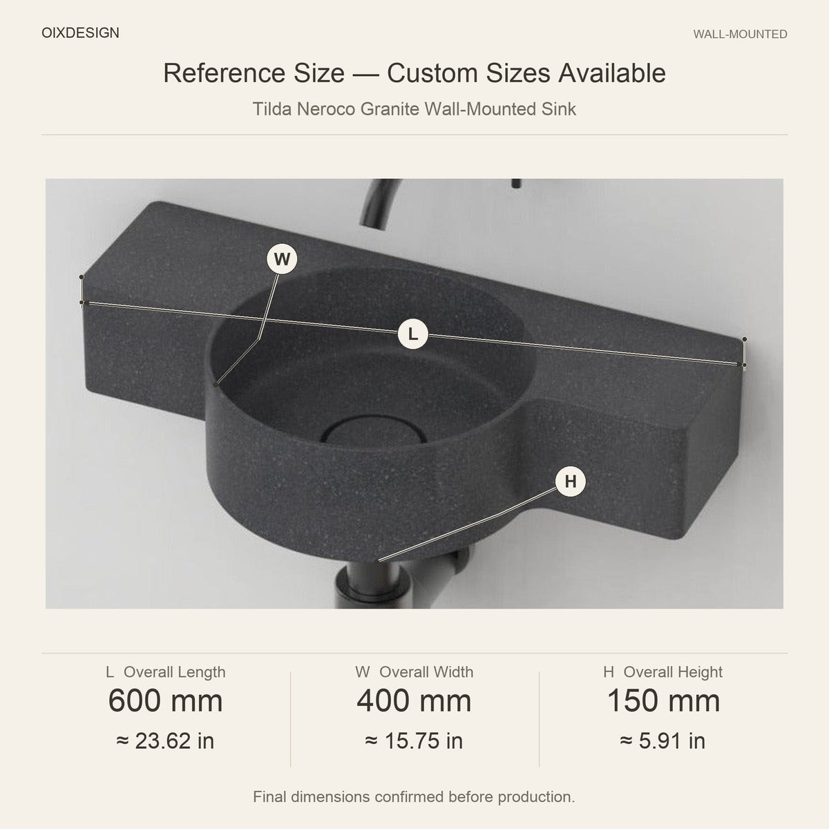Tilda Neroco Granite Wall-Mounted Sink reference overall dimensions in millimeters and inches