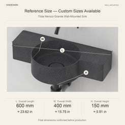 Tilda Neroco Granite Wall-Mounted Sink reference overall dimensions in millimeters and inches