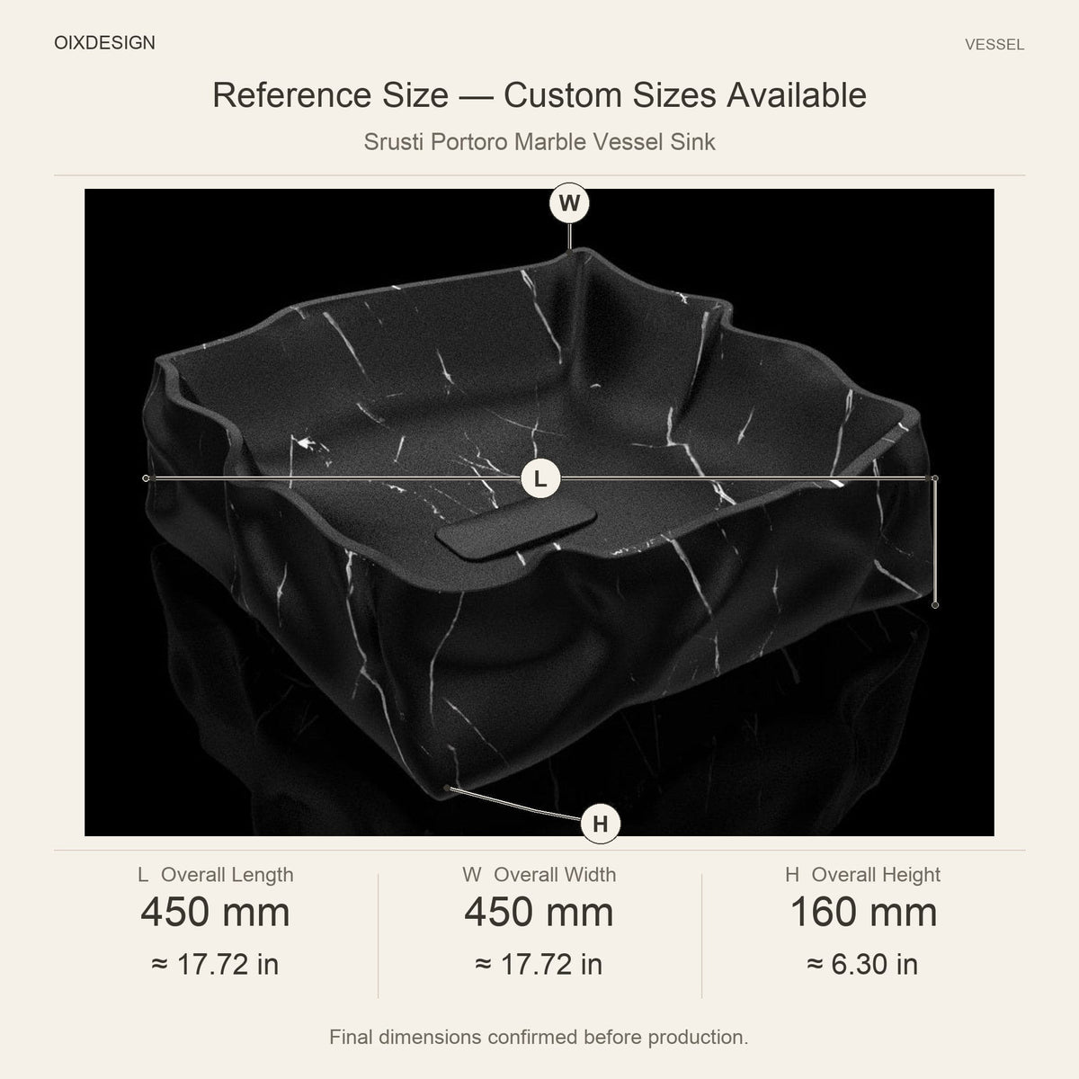 Srusti Portoro Marble Vessel Sink reference overall dimensions in millimeters and inches