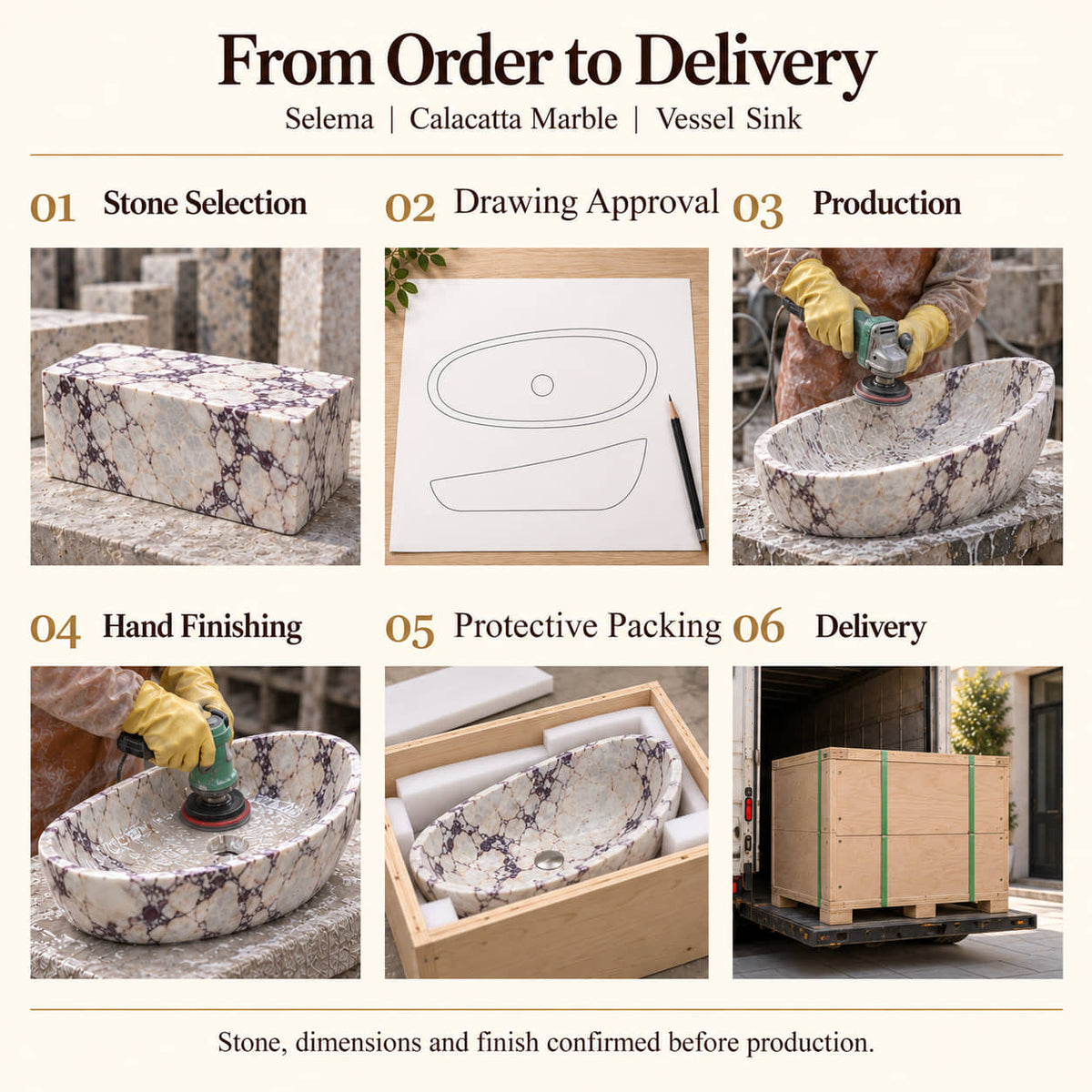 Selema Calacatta Marble Vessel Sink from order to delivery: stone selection, drawing approval, production, hand finishing, foam protective packing in a plywood crate and delivery; stone, dimensions and finish confirmed before production.