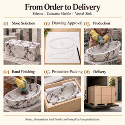 Selema Calacatta Marble Vessel Sink from order to delivery: stone selection, drawing approval, production, hand finishing, foam protective packing in a plywood crate and delivery; stone, dimensions and finish confirmed before production.