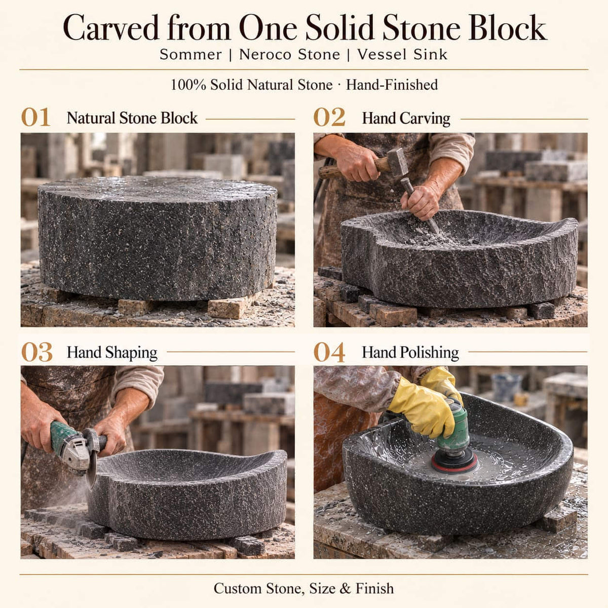 Sommer Neroco Stone Vessel Sink carved from one solid stone block, with manual hammer-and-chisel carving, hand shaping and hand polishing; custom stone, size and finish.