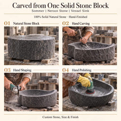Sommer Neroco Stone Vessel Sink carved from one solid stone block, with manual hammer-and-chisel carving, hand shaping and hand polishing; custom stone, size and finish.