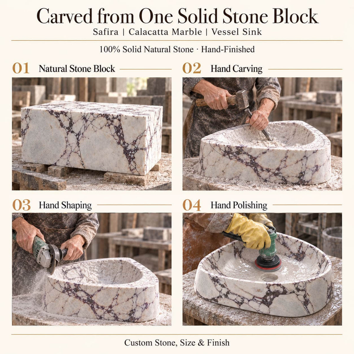 Safira Calacatta Marble Vessel Sink carved from one solid stone block, showing manual hammer-and-chisel carving, hand shaping and hand polishing; custom stone, size and finish.