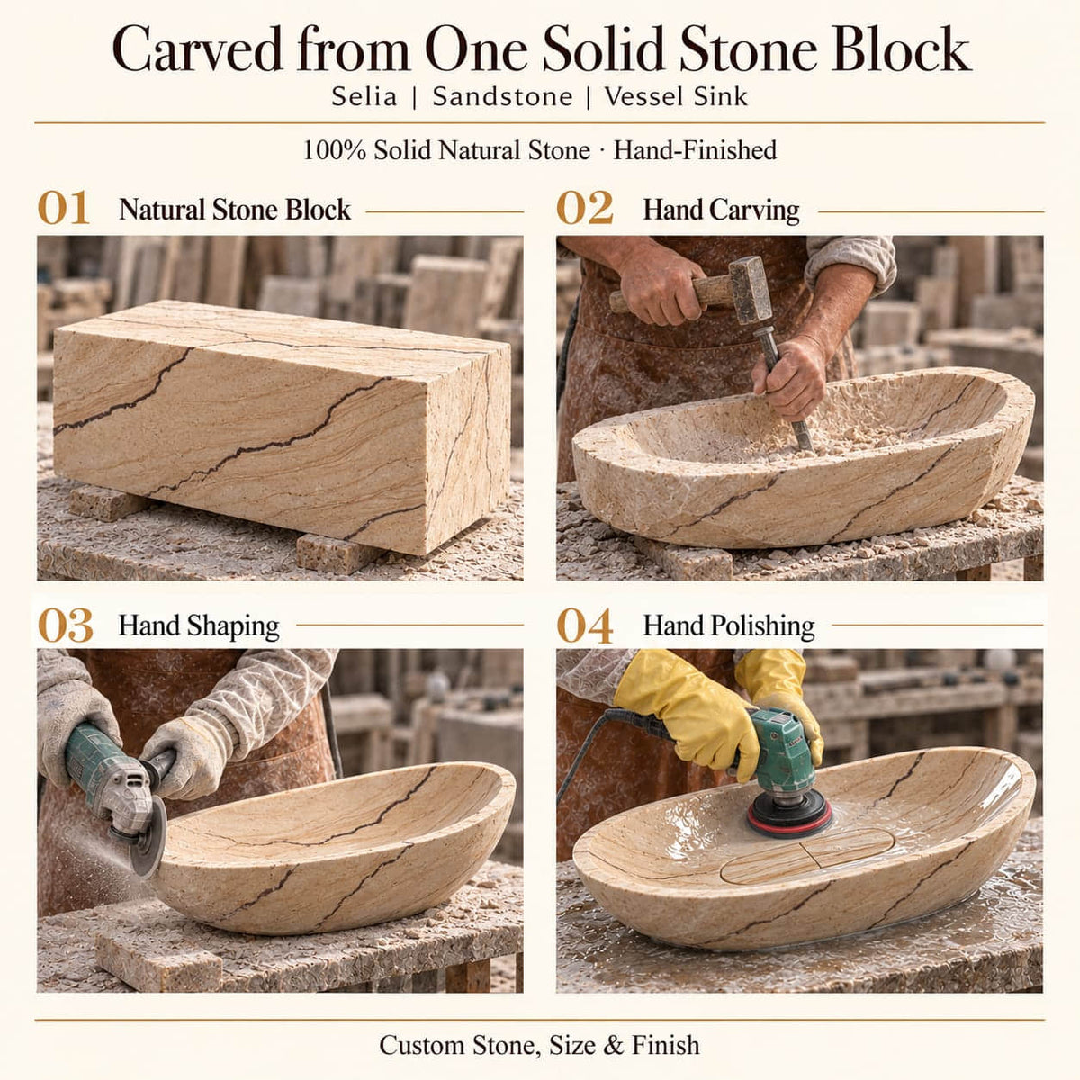 Selia Oval Sandstone Vessel Sink carved from one solid stone block, showing manual hammer-and-chisel carving, hand shaping and hand polishing; custom stone, size and finish.