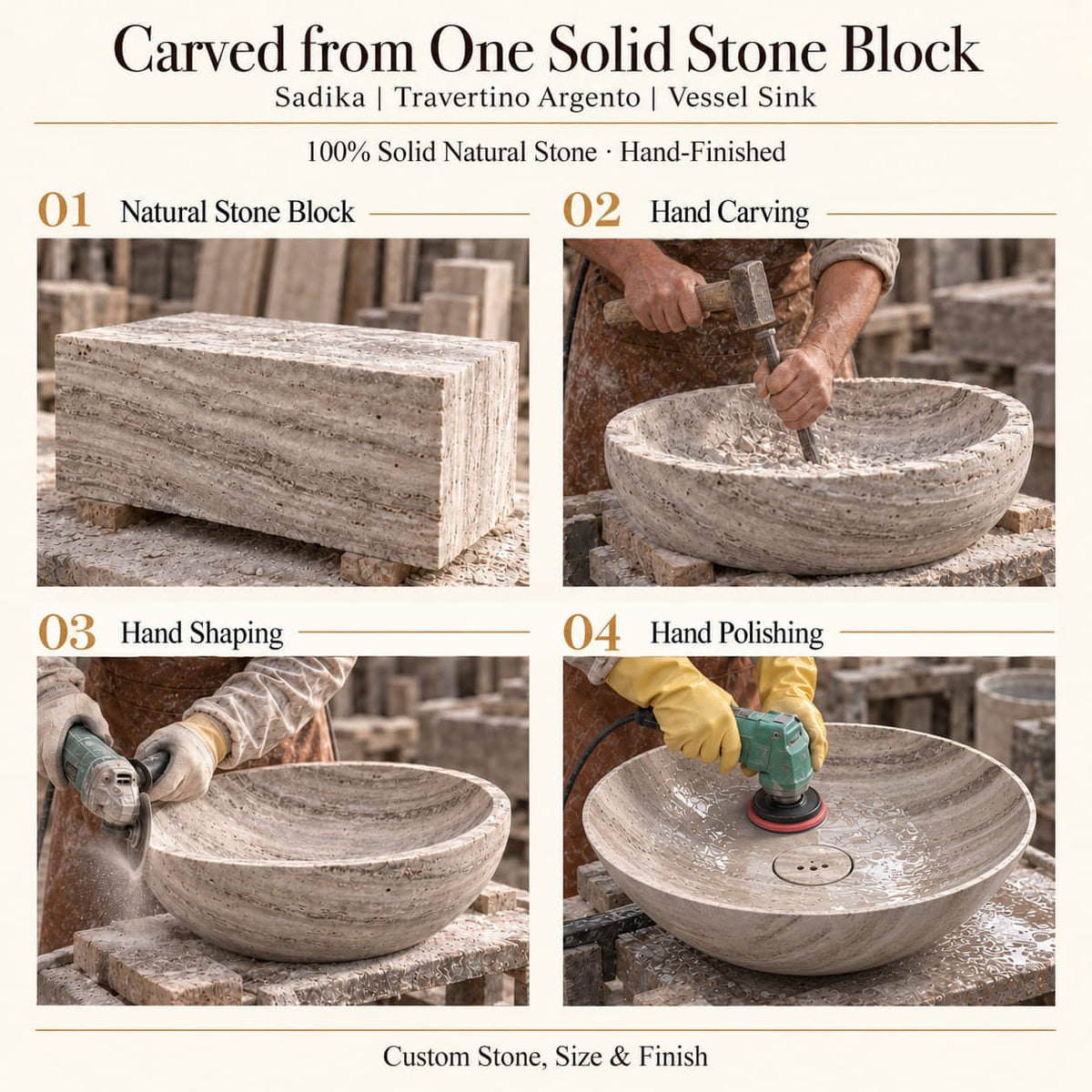 Sadika Round Travertino Argento Vessel Sink carved from one solid stone block, showing manual hammer-and-chisel carving, hand shaping and hand polishing; custom stone, size and finish.