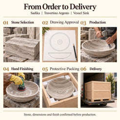 Sadika Round Travertino Argento Vessel Sink from order to delivery: material selection, drawing approval, production, hand finishing, protective foam packing in a plywood crate and delivery; specifications confirmed before production.