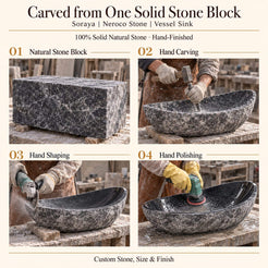 Soraya Oval Neroco Stone Vessel Sink carved from one solid stone block, showing manual hammer-and-chisel carving, hand shaping and hand polishing; custom stone, size and finish.
