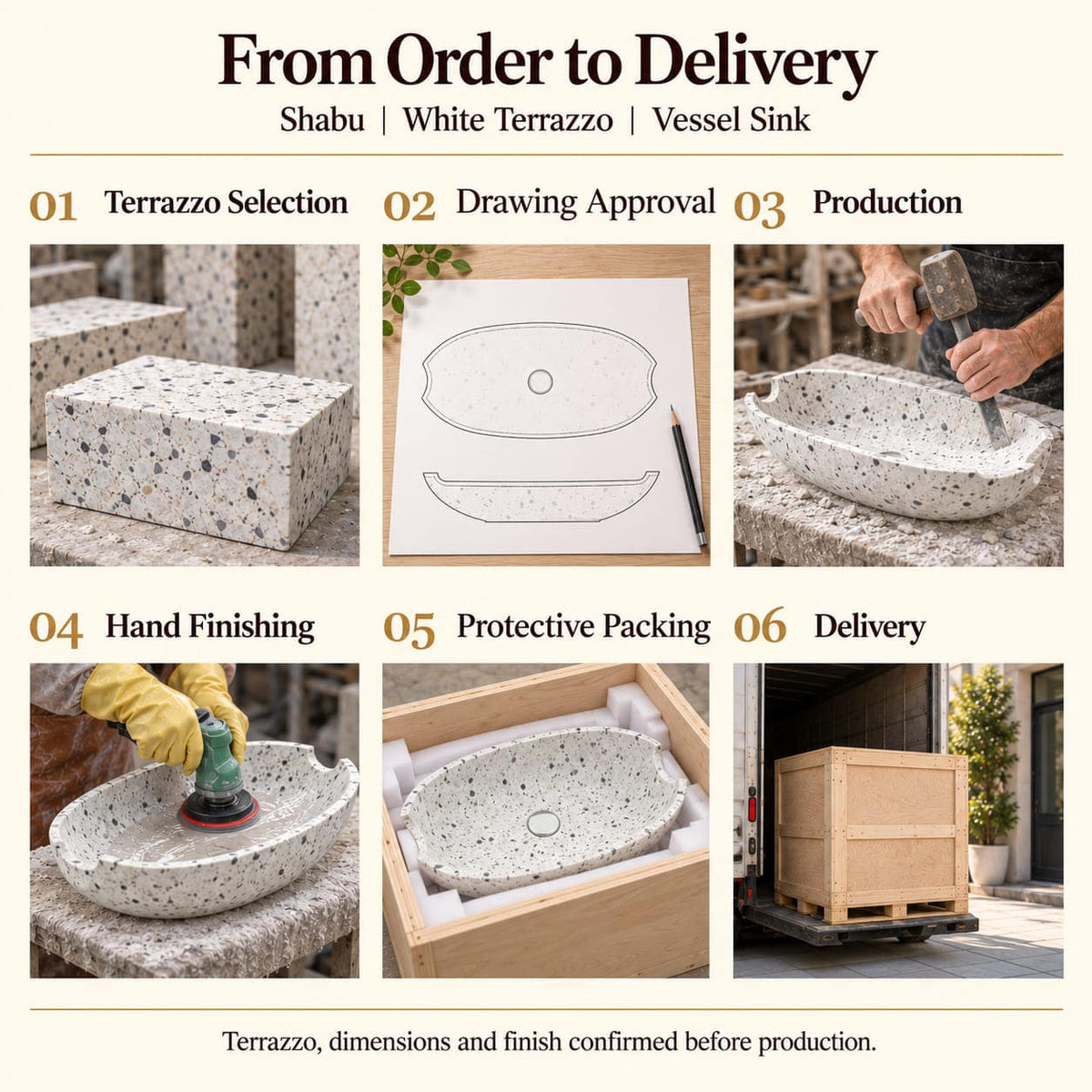Shabu White Terrazzo Vessel Sink from order to delivery: material selection, drawing approval, production, hand finishing, protective foam packing in a plywood crate and delivery; specifications confirmed before production.