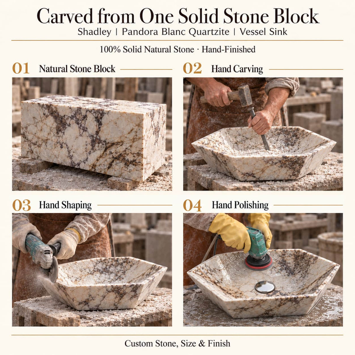 Shadley Pandora Blanc Quartzite Vessel Sink carved from one solid stone block, showing manual hammer-and-chisel carving, hand shaping and hand polishing; custom stone, size and finish.