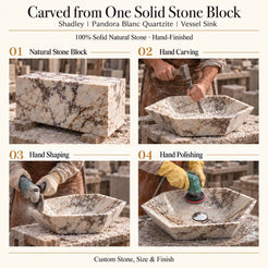 Shadley Pandora Blanc Quartzite Vessel Sink carved from one solid stone block, showing manual hammer-and-chisel carving, hand shaping and hand polishing; custom stone, size and finish.