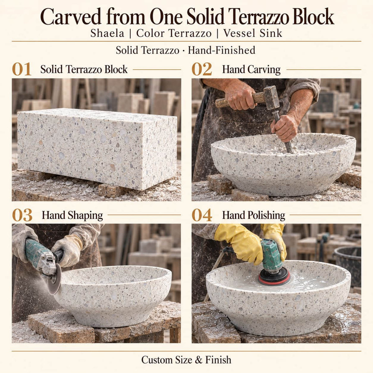 Shaela Color Terrazzo Vessel Sink carved from one solid terrazzo block, with hand carving, hand shaping and hand polishing; custom size and finish.