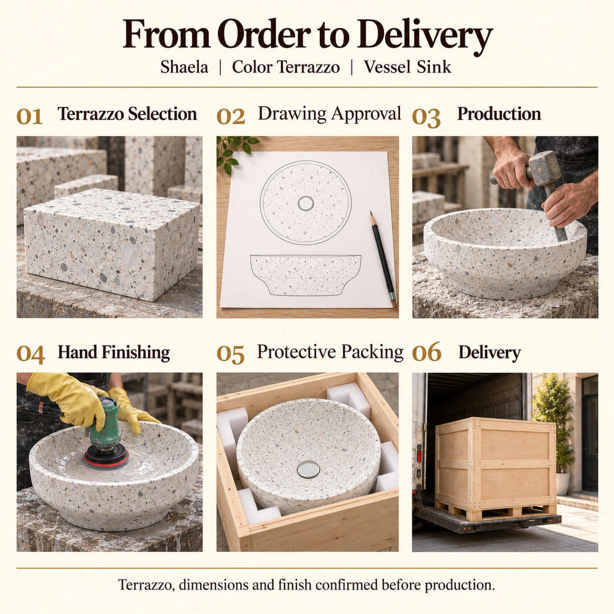 Shaela Color Terrazzo Vessel Sink from order to delivery: material selection, drawing approval, production, hand finishing, protective foam packing in a plywood crate and delivery; specifications confirmed before production.